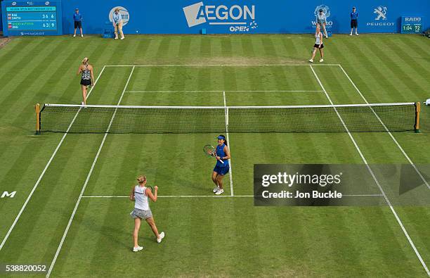 Lin Zhu of China and Alla Kudryavtseva of Russia in action during their women's doubles match against Jocelyn Rae and Anna Smith of Great Britain on...