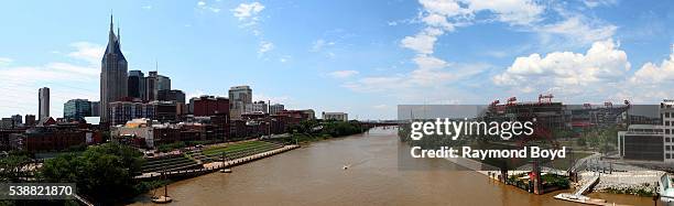 Panoramic view of Nashville skyline and Nissan Stadium, home of the Tennessee Titans football team as photographed from the Shelby Street Bridge in...