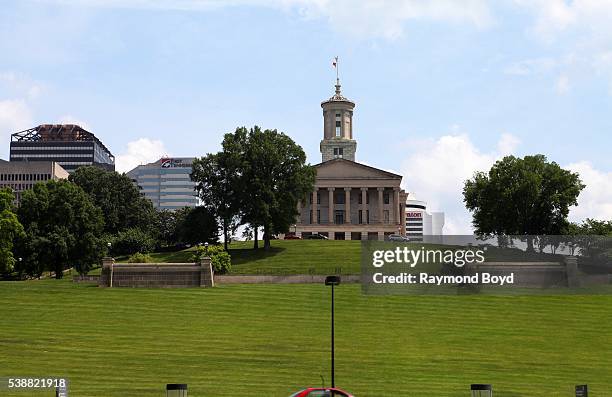 Tennessee State Capitol Building, as photographed from The Rivers Of Tennessee Fountain grounds at Bicentennial Capitol Mall State Park in Nashville,...