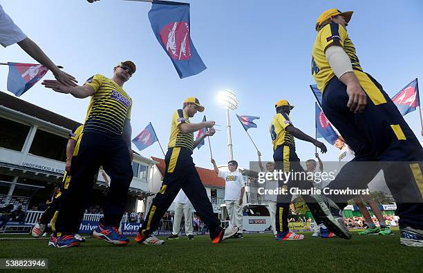 The Hampshire team walk out to the pitch during the NatWest T20 Blast match between Kent and Hampshire at The Spitfire Ground on June 8, 2016 in...