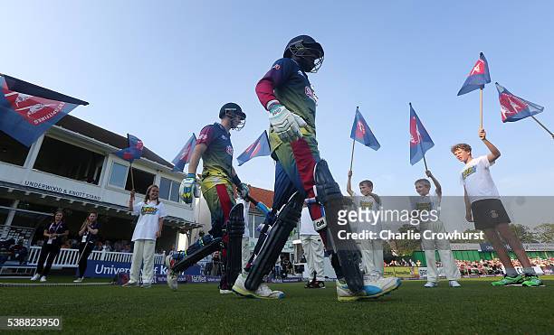 Joe Denly and Daniel Bell-Drummond of Kent make their way out onto the pitch during the NatWest T20 Blast match between Kent and Hampshire at The...