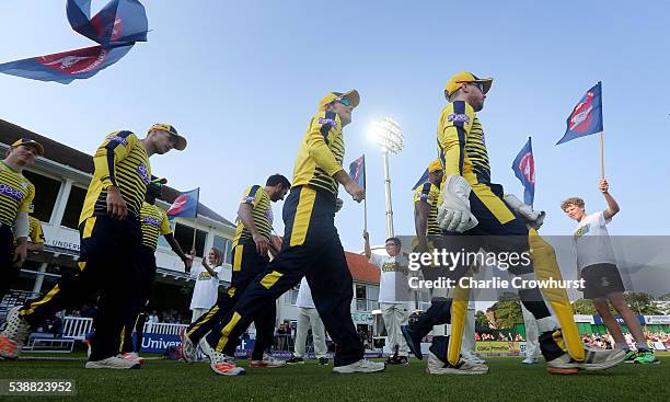 The Hampshire team walk out to the pitch during the NatWest T20 Blast match between Kent and Hampshire at The Spitfire Ground on June 8, 2016 in...