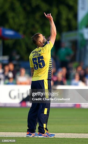 Gareth Andrew of Hampshire celebrates after claiming the wicket of Sam Northeast of Kent during the NatWest T20 Blast match between Kent and...