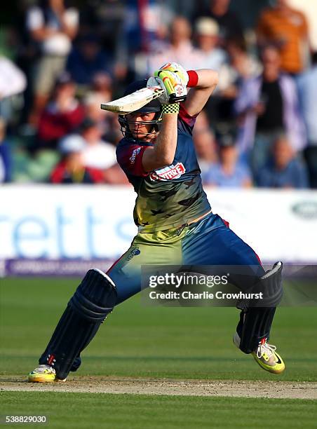 Sam Billings of Kent hits during the NatWest T20 Blast match between Kent and Hampshire at The Spitfire Ground on June 8, 2016 in Canterbury, England.