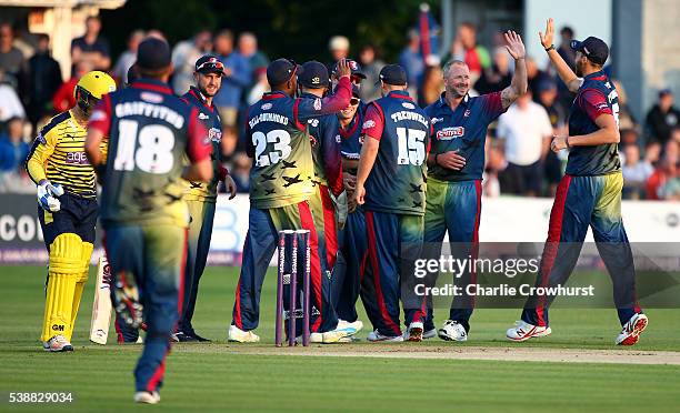 Darren Stevens of Kent celebrates with team mates after taking the wicket of Hampshire's Jimmy Adams during the NatWest T20 Blast match between Kent...