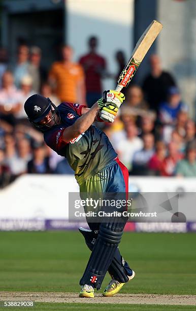 Sam Billings of Kent hits during the NatWest T20 Blast match between Kent and Hampshire at The Spitfire Ground on June 8, 2016 in Canterbury, England.