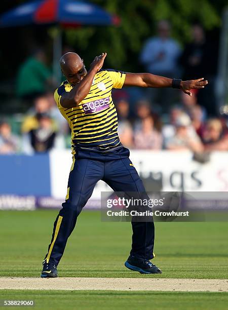 Tino Best of Hampshire celebrates taking the wicket of Joe Denly of Kent during the NatWest T20 Blast match between Kent and Hampshire at The...