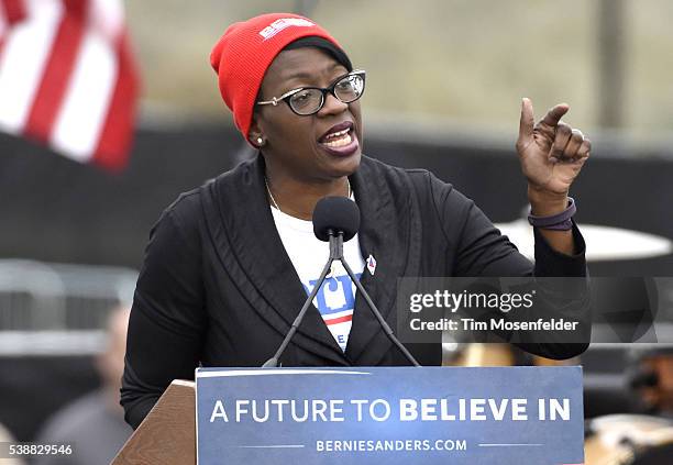 Nina Turner speaks at Bernie Sanders "A future to believe in San Francisco GOTV Concert" at Crissy Field San Francisco on June 6, 2016 in San...