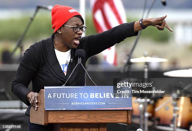 Nina Turner speaks at Bernie Sanders "A future to believe in San Francisco GOTV Concert" at Crissy Field San Francisco on June 6, 2016 in San...