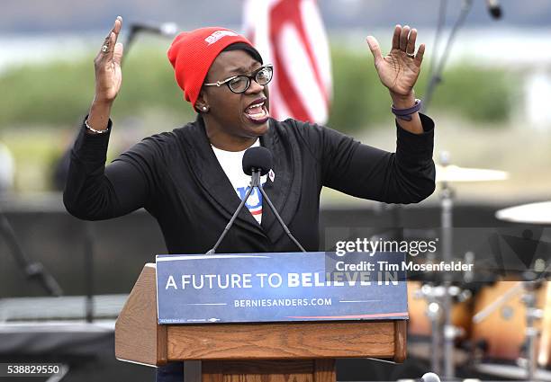 Nina Turner speaks at Bernie Sanders "A future to believe in San Francisco GOTV Concert" at Crissy Field San Francisco on June 6, 2016 in San...