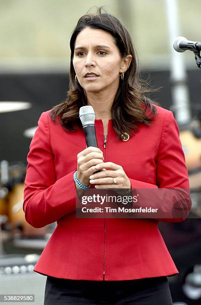 Tulsi Gabbard speaks at Bernie Sanders "A future to believe in San Francisco GOTV Concert" at Crissy Field San Francisco on June 6, 2016 in San...