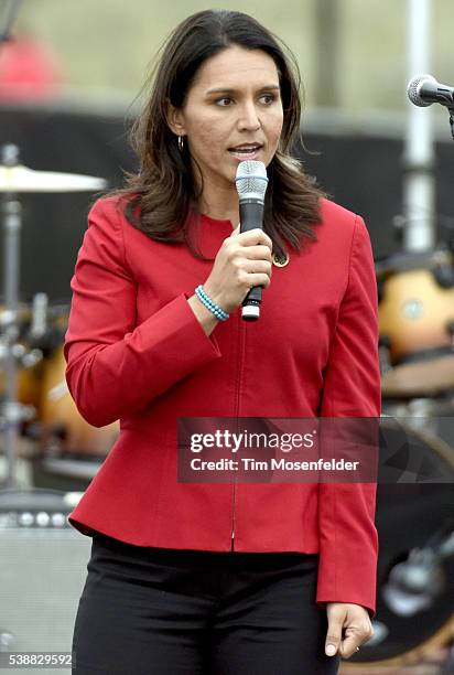 Tulsi Gabbard speaks at Bernie Sanders "A future to believe in San Francisco GOTV Concert" at Crissy Field San Francisco on June 6, 2016 in San...