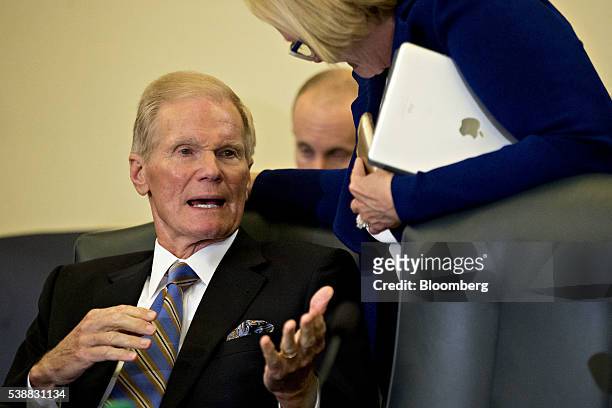 Senator Bill Nelson, a Democrat from Florida and ranking member of the Senate Commerce, Science and Transportation Committee, talks to Senator Claire...