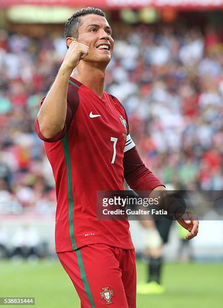Portugal's forward Cristiano Ronaldo celebrates after scoring a goal during the International Friendly match between Portugal and Estonia at Estadio...