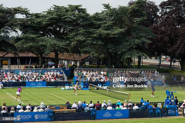 General view of the doubles action on court 2 on day three of the WTA Aegon Open on June 8, 2016 in Nottingham, England.