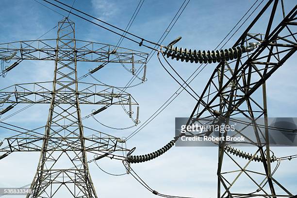pylons and power lines near to major electricity substation - elektrik stock-fotos und bilder