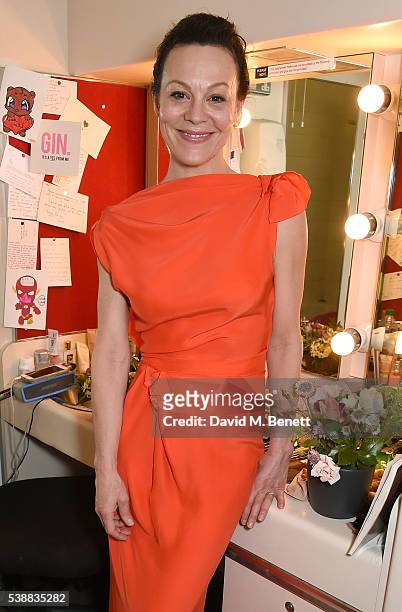 Actress Helen McCrory poses backstage following the press night performance of "The Deep Blue Sea" at The National Theatre on June 8, 2016 in London,...