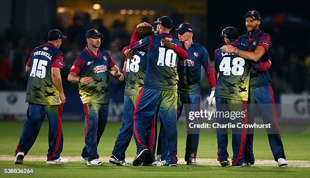 The Kent team celebrate victory during the NatWest T20 Blast match between Kent and Hampshire at The Spitfire Ground on June 8, 2016 in Canterbury,...