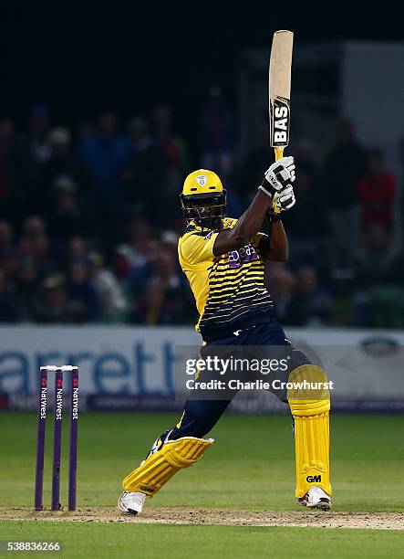 Darren Sammy of Hampshire hits out during the NatWest T20 Blast match between Kent and Hampshire at The Spitfire Ground on June 8, 2016 in...