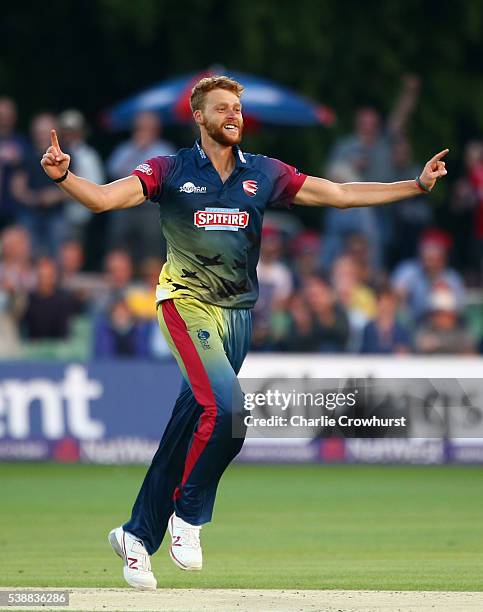 Ivan Thomas of Kent celebrates after taking the wicket of Hampshire's Adam Wheather during the NatWest T20 Blast match between Kent and Hampshire at...