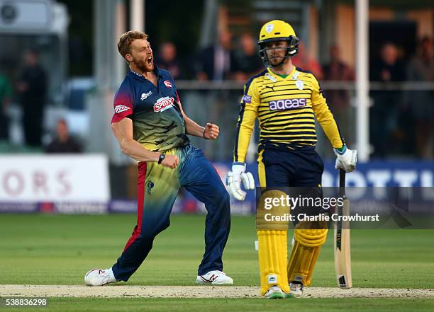 Ivan Thomas of Kent celebrates after taking the wicket of Hampshire's Adam Wheather during the NatWest T20 Blast match between Kent and Hampshire at...