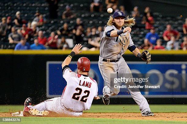 Taylor Motter of the Tampa Bay Rays turns the double play over the sliding Jake Lamb of the Arizona Diamondbacks in the ninth inning at Chase Field...
