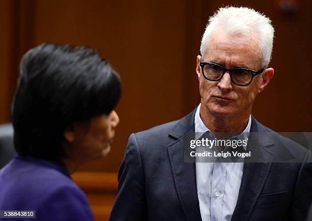 Representative Judy Chu speaks with actor John Slattery during the Creative Rights Caucus "Anatomy of a Movie" discussion on June 8, 2016 in...