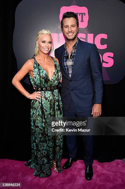 Caroline Boyer and Luke Bryan attend the 2016 CMT Music awards at the Bridgestone Arena on June 8, 2016 in Nashville, Tennessee.