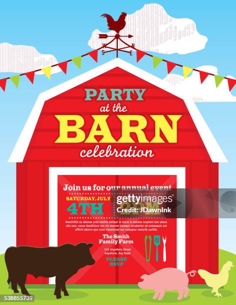 stockillustraties, clipart, cartoons en iconen met cute barn and farm animal party invitation design template - country and western music