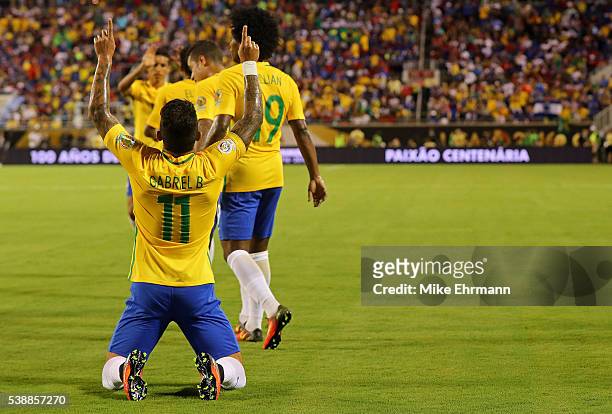 Gabriel of Brazil celebrates a goal during a Group B match of the 2016 Copa America Centenario against the Haiti at Camping World Stadium on June 8,...