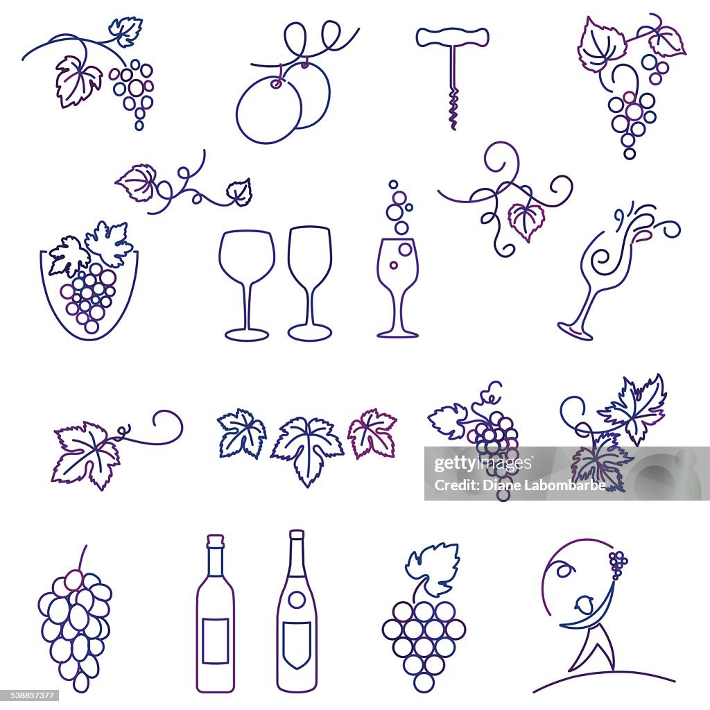 Winery Grapes Thin Line Art Icon Set