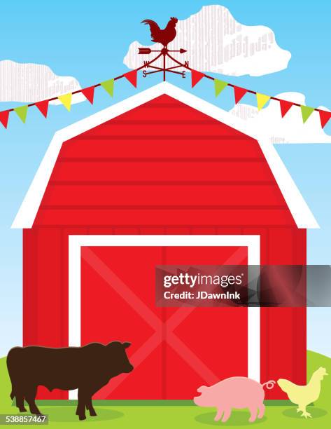 stockillustraties, clipart, cartoons en iconen met cute red barn scene with farm animales and copy space - schuur