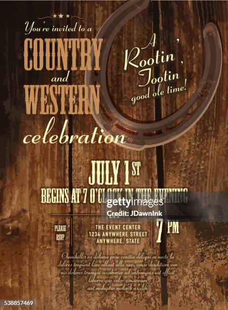 country and western horseshoe and rustic wooden design invitation - country and western music stock illustrations