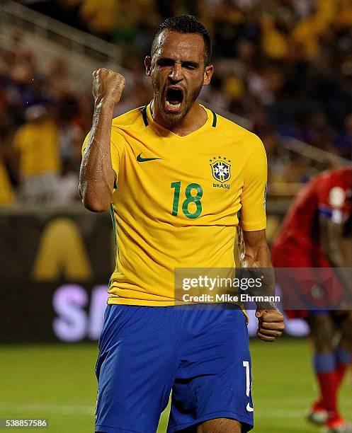 Renato Augusto of Brazil celebrates a goal during a Group B match of the 2016 Copa America Centenario against the Haiti at Camping World Stadium on...