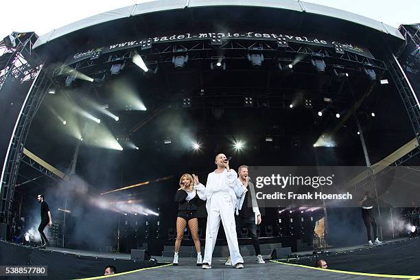 Singer Avriel Kaplan, Kirstin Maldonado, Mitchell Grassi, Scott Hoying and Kevin Olusola of the American band Pentatonix perform live during a...