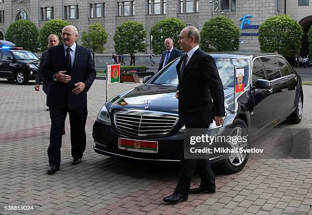 Russian President Vladimir Putin and Belarussian President Alexander Lukashenko arrive at the Republic Palace on June 8, 2016 in Minsk, Belarus....