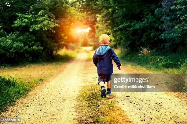 little boy walks alone on rural road towards a sunset - lost stock pictures, royalty-free photos & images