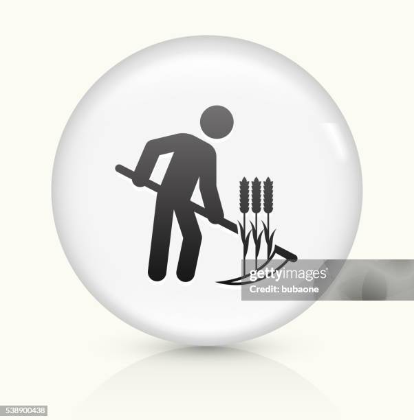 stick figure harvesting crops icon on white round vector button - cutting grass stock illustrations