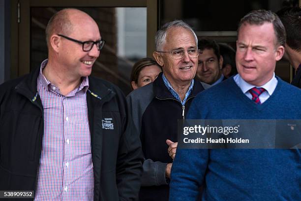 Prime Minister Malcolm Turnbull visits flood devestated Latrobe in NW Tasmania, with Eric Hutchinson and Premier Will Hodgman on June 9, 2016 in...