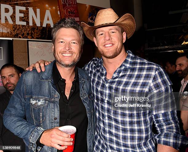 Blake Shelton and JJ Watt attend the 2016 CMT Music awards at the Bridgestone Arena on June 8, 2016 in Nashville, Tennessee.