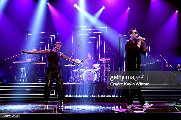 Musicians Noelle Scaggs and Michael Fitzpatrick of Fitz and the Tantrums perform on the Honda Stage at iHeartRadio Theater on June 8, 2016 in...