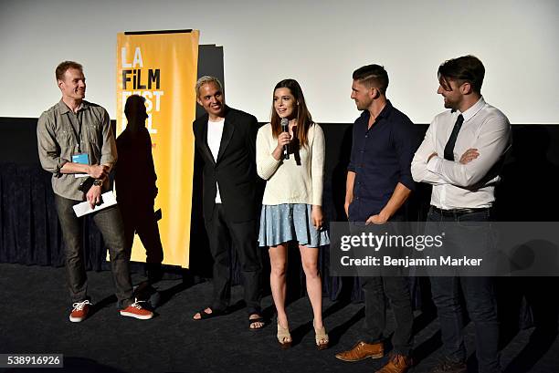 Filmmaker Tony E. Valenzuela, actress Alex Frnka, actor Robert Adamson and actor Jarrett Sleeper speak onstage at the premiere of "Villisca" during...