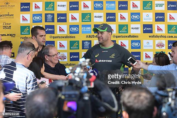 Head coach Michael Cheika speaks to media during an Australian Wallabies media opportunity at Ballymore Stadium on June 9, 2016 in Brisbane,...