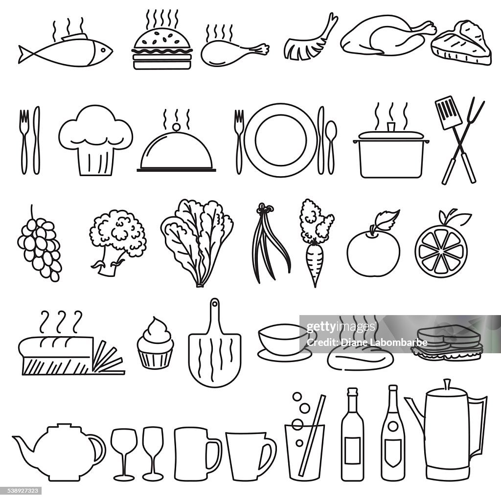 Linha fina de ícones de restaurante e a indústria alimentar