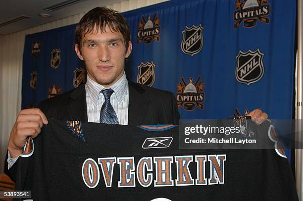 Alexander Ovechkin, the Washington Capitals 2004 first round draft pick, is introduced at a press conference September 1, 2005 at the MCI Center in...