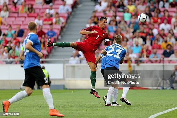 Portugals forward Cristiano Ronaldo celebrates after scoring a goal during international friendly match between Portugal and Estonia in preparation...