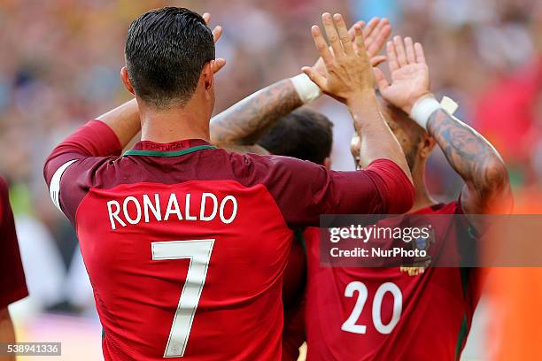 Portugals forward Cristiano Ronaldo celebrates after scoring a goal during international friendly match between Portugal and Estonia in preparation...