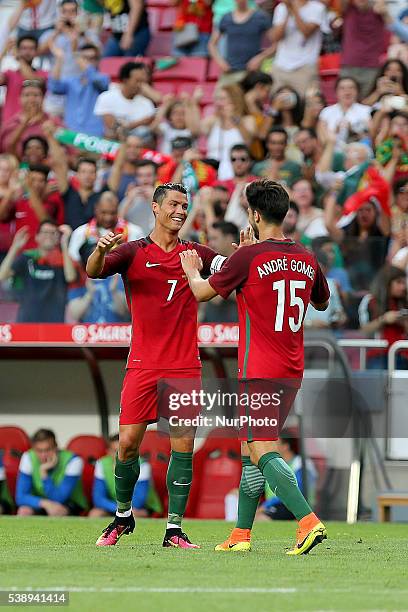 Portugals forward Cristiano Ronaldo celebrates after scoring a goal during international friendly match between Portugal and Estonia in preparation...