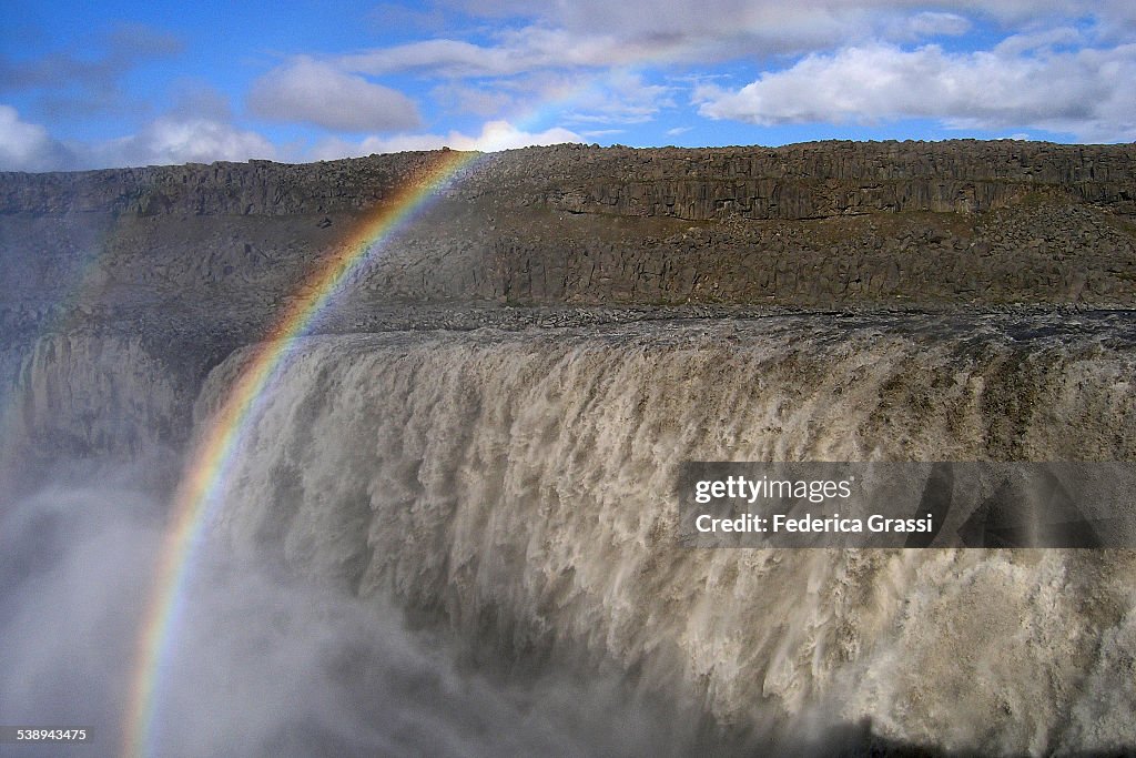 Detail view of Dettifoss Waterfall with Rainbow