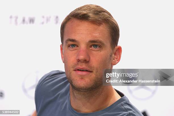 Manuel Neuer of Germany looks on during a Germany press conference ahead of the UEFA EURO 2016 at Ermitage Evian on June 9, 2016 in Evian-les-Bains,...